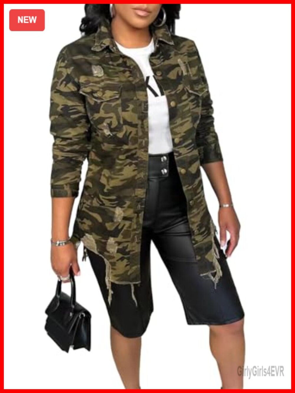 Ripped Camo Utility Jacket Long Sleeve Distressed Fray Fringe Hem Army Fatigue